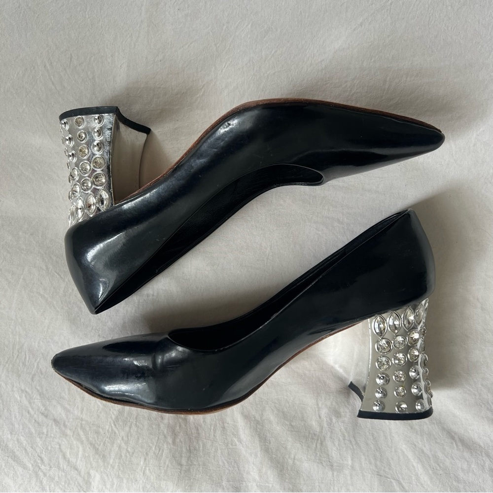 Miu Miu Black patent leather Swarovski crystal block heel